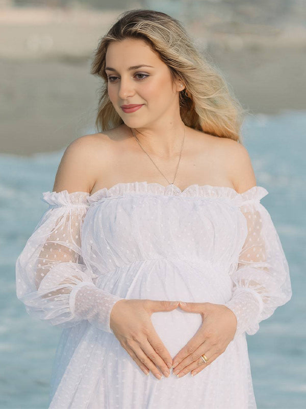Momsmood Off Shoulder Tulle Polka Dot Elegant Photoshoot Maternity Maxi Dress