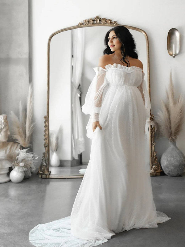 Momsmood Off Shoulder Tulle Polka Dot Elegant Photoshoot Maternity Maxi Dress