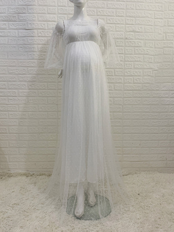 Momsmood Off Shoulder Tulle Polka Dot Elegant Photoshoot Maternity Maxi Dress