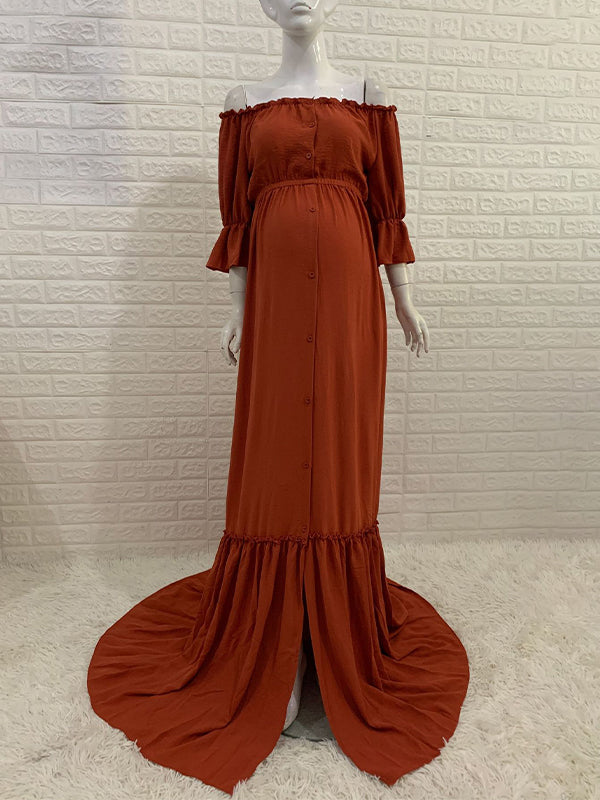 Momsmood Off Shoulder Buttons Front Slit Open Train Elegant Photoshoot Maternity Maxi Dress
