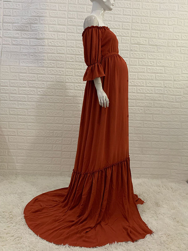 Momsmood Off Shoulder Buttons Front Slit Open Train Elegant Photoshoot Maternity Maxi Dress