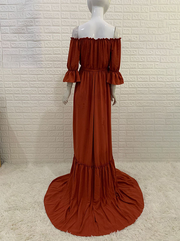 Momsmood Off Shoulder Buttons Front Slit Open Train Elegant Photoshoot Maternity Maxi Dress