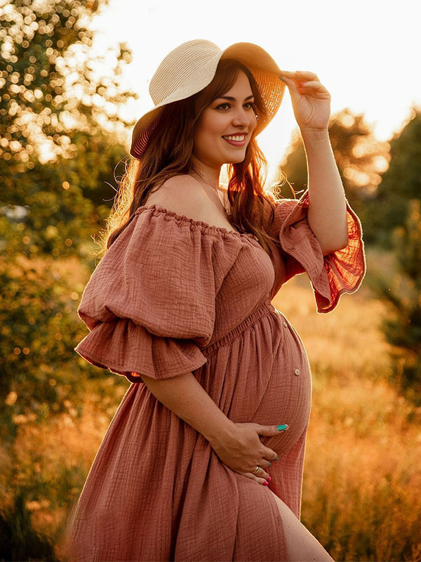 Momsmood Off Shoulder Buttons Front Slit Open Train Elegant Photoshoot Maternity Maxi Dress