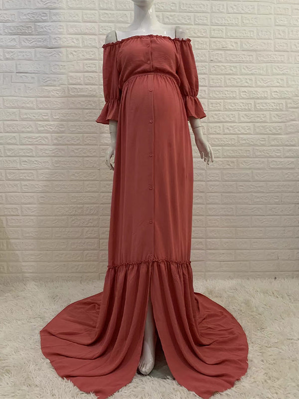 Momsmood Off Shoulder Buttons Front Slit Open Train Elegant Photoshoot Maternity Maxi Dress