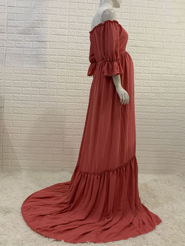 Momsmood Off Shoulder Buttons Front Slit Open Train Elegant Photoshoot Maternity Maxi Dress