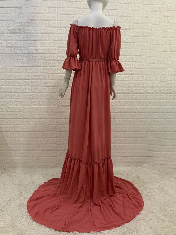 Momsmood Off Shoulder Buttons Front Slit Open Train Elegant Photoshoot Maternity Maxi Dress