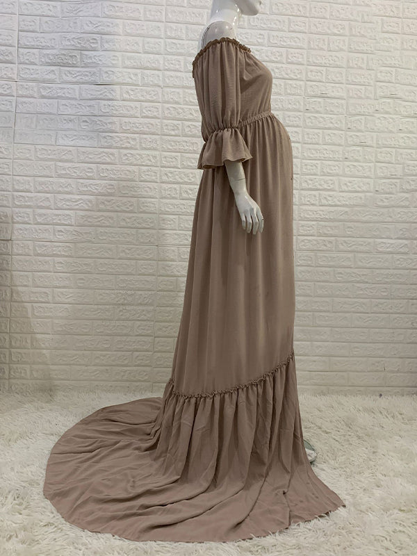 Momsmood Off Shoulder Buttons Front Slit Open Train Elegant Photoshoot Maternity Maxi Dress