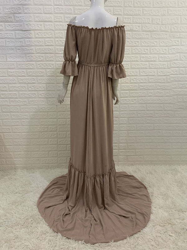 Momsmood Off Shoulder Buttons Front Slit Open Train Elegant Photoshoot Maternity Maxi Dress