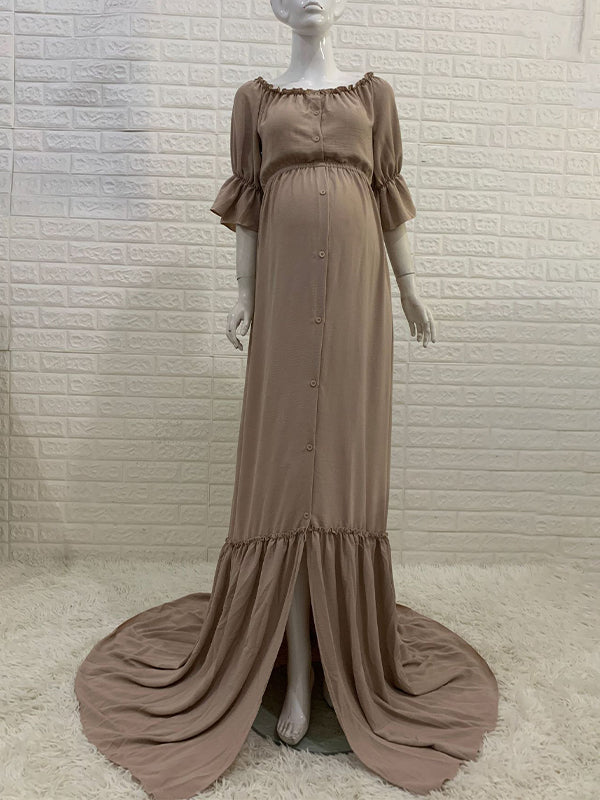 Momsmood Off Shoulder Buttons Front Slit Open Train Elegant Photoshoot Maternity Maxi Dress