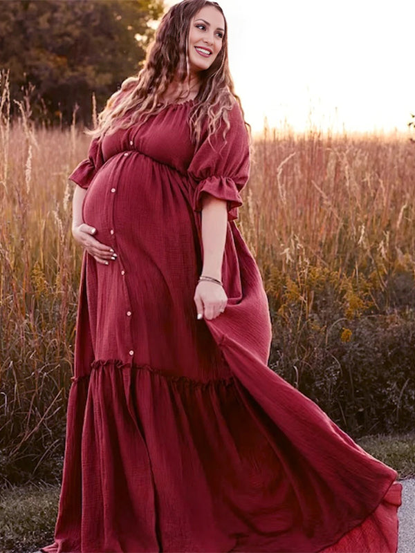 Momsmood Off Shoulder Buttons Front Slit Open Train Elegant Photoshoot Maternity Maxi Dress