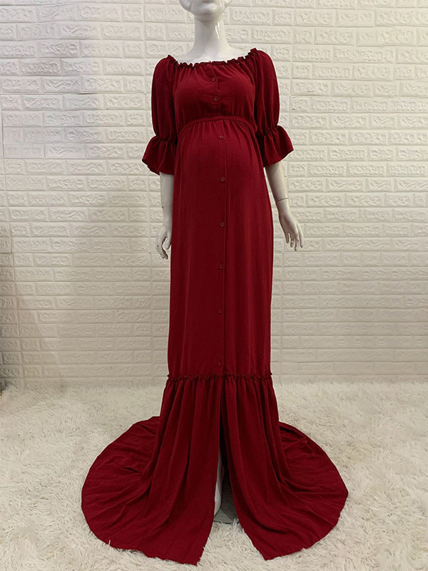 Momsmood Off Shoulder Buttons Front Slit Open Train Elegant Photoshoot Maternity Maxi Dress