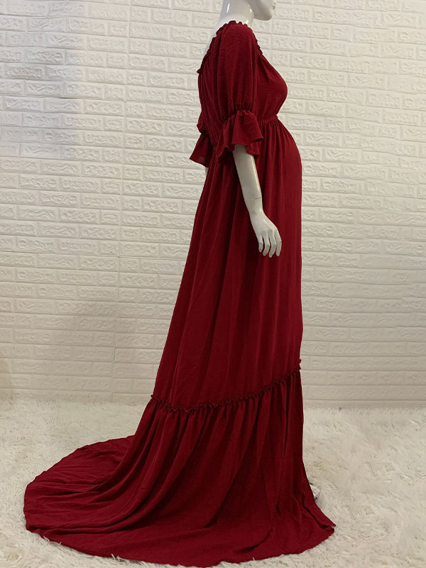 Momsmood Off Shoulder Buttons Front Slit Open Train Elegant Photoshoot Maternity Maxi Dress