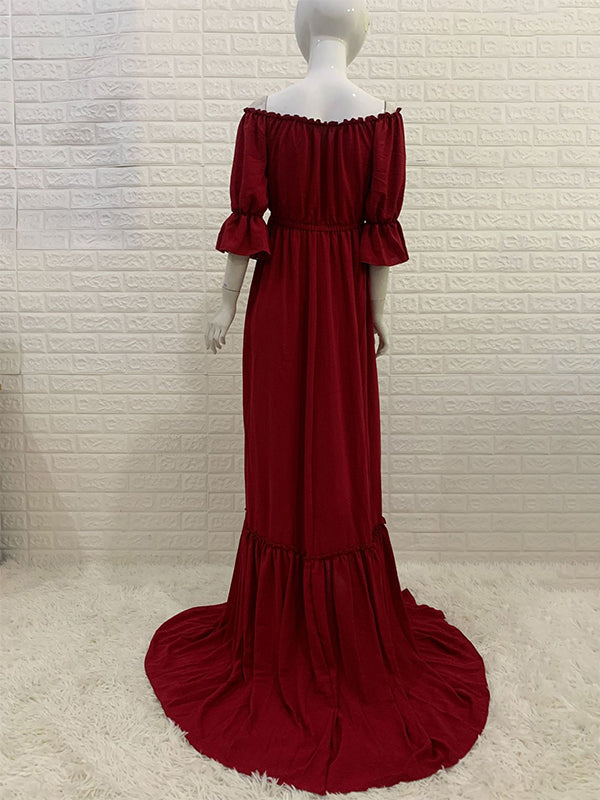 Momsmood Off Shoulder Buttons Front Slit Open Train Elegant Photoshoot Maternity Maxi Dress