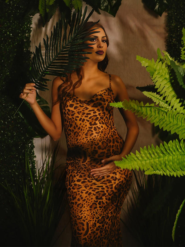 Momsmood Leopard Printing Spaghetti Strap Backless Bodycon Mermaid Cocktail Party Gown Photoshoot Maternity Maxi Dress