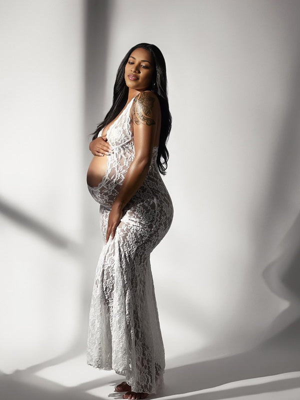 Momsmood White Lace Cut Out Backless Mermaid Sheer Elegant Photoshoot Maternity Maxi Dress