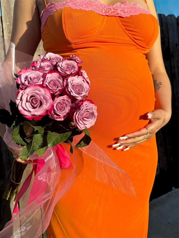 Momsmood Orange Lace Grenadine Mermaid Cami Bodycon Fashion Vacation Baby Shower Maternity Maxi Dress