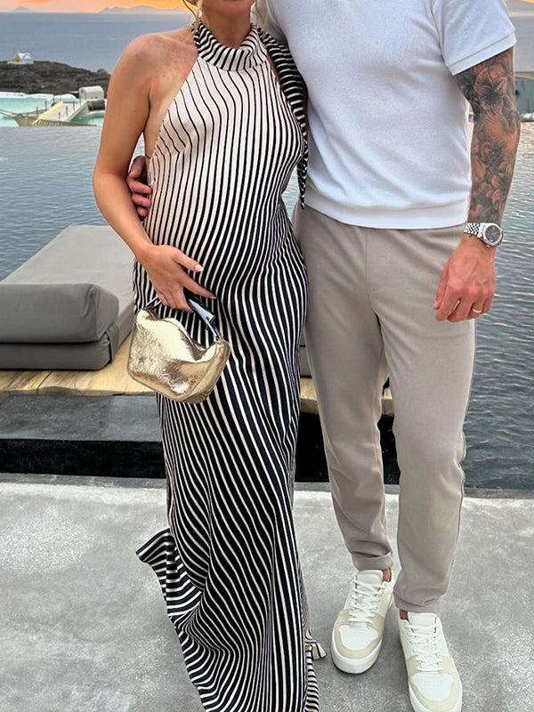 Momsmood White And Black Striped Satin Backless Halter Neck Sleveless Mermaid Elegant Cocktail Party Maternity Photoshoot Baby Shower Maxi Dress