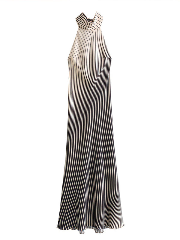 Momsmood White And Black Striped Satin Backless Halter Neck Sleveless Mermaid Elegant Cocktail Party Maternity Photoshoot Baby Shower Maxi Dress