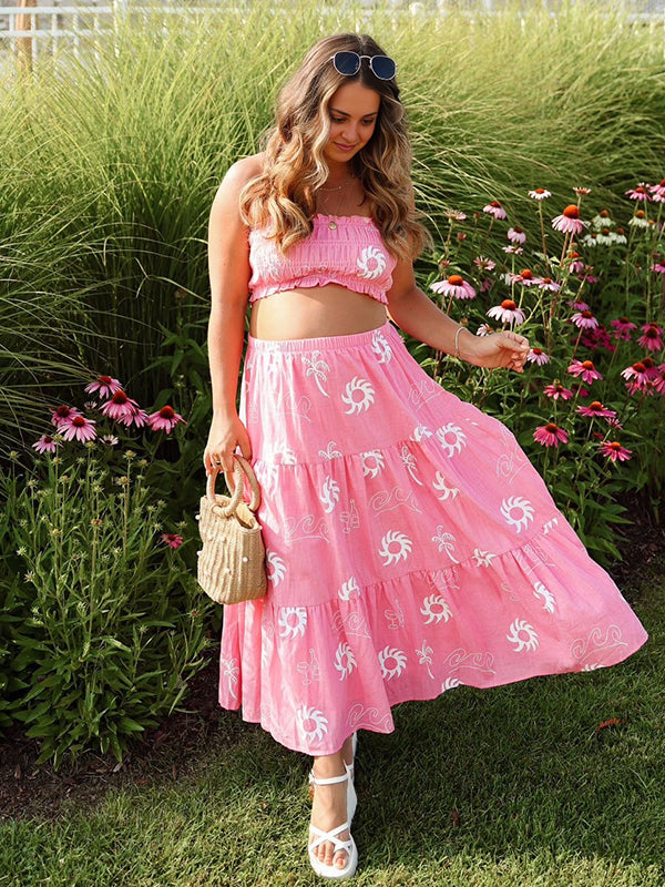 Momsmood Smocked Printed Big Swing Two Piece Set Bandeau Crop Top And Maxi Skirt Sweet Baby Moon Holiday Flowy Boho Maternity Photoshoot Baby Shower Maxi Dress