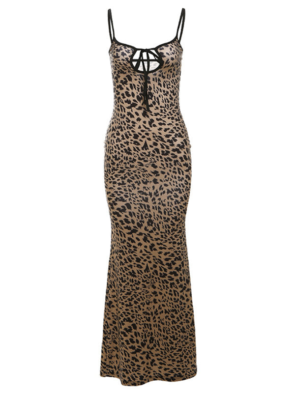 Momsmood Leopard Cut Out Lace-Up Knot Front Cami Bodycon Chic Cocktail Party Going Out Maternity Photoshoot Baby Shower Maxi Dress