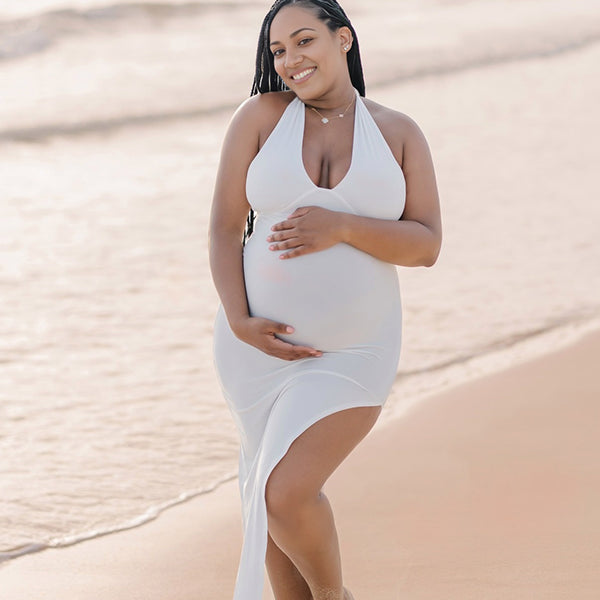 Momsmood White Side Slit Halter Neck Backless Deep V-neck Bodycon Elegant Cocktail Party Gown Maternity Photoshoot Baby Shower Maxi Dress
