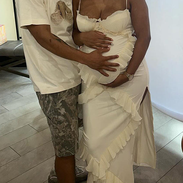 Momsmood White Tulle Ruffle Falbala Side Slit Corset Cami Elegant Cocktail Party Maternity Photoshoot Baby Shower Maxi Dress