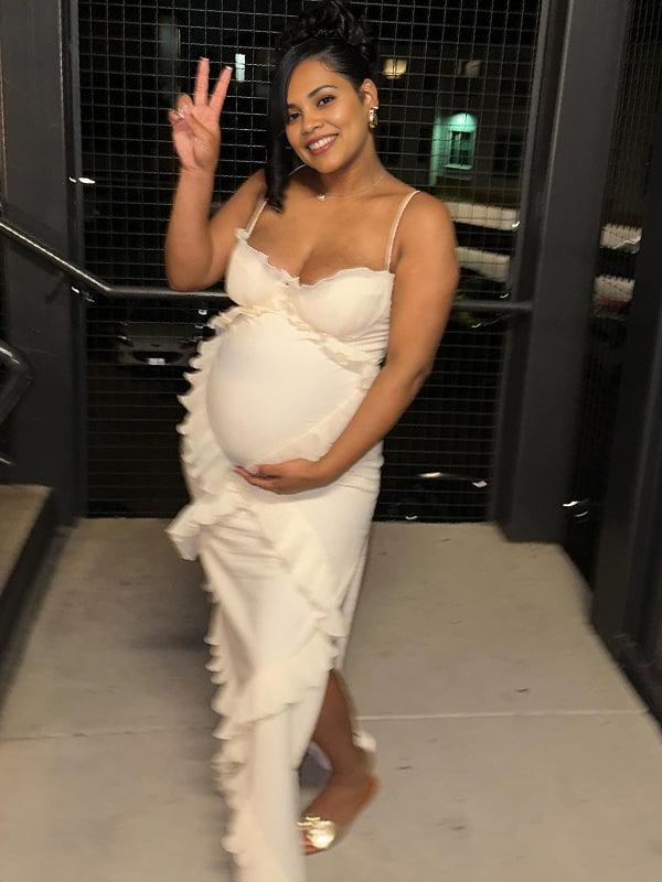 Momsmood White Tulle Ruffle Falbala Side Slit Corset Cami Elegant Cocktail Party Maternity Photoshoot Baby Shower Maxi Dress