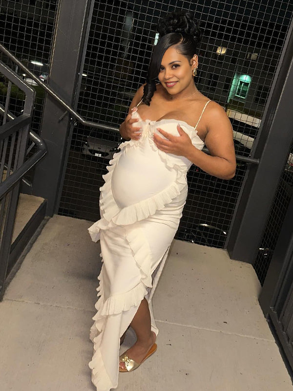 Momsmood White Tulle Ruffle Falbala Side Slit Corset Cami Elegant Cocktail Party Maternity Photoshoot Baby Shower Maxi Dress
