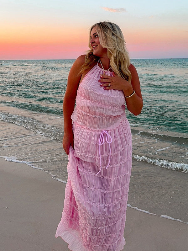 Momsmood Pink Ruched Backless Two Piece Set Lace Up Halter Neck Top And Big Swing Maxi Skirt Elegant Baby Moon Beach Vacation Maternity Photoshoot Baby Shower Maxi Dress