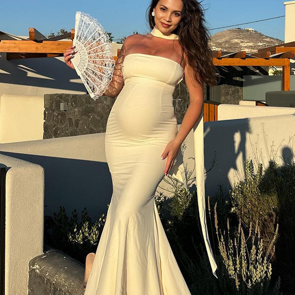 Momsmood Ivory White Bandeau Strapless Mermaid Dress With Scarf Elegant Cocktail Evening Gown Maternity Photoshoot Baby Shower Maxi Dress