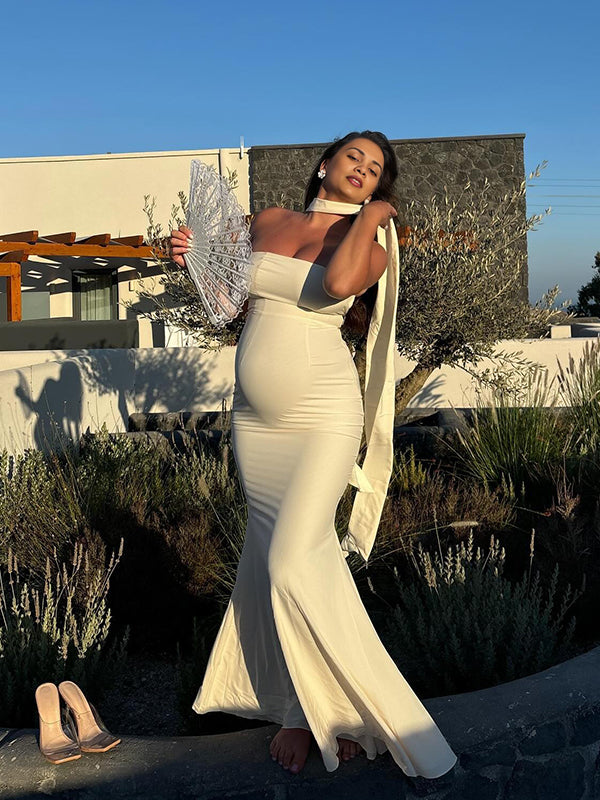 Momsmood Ivory White Bandeau Strapless Mermaid Dress With Scarf Elegant Cocktail Evening Gown Maternity Photoshoot Baby Shower Maxi Dress