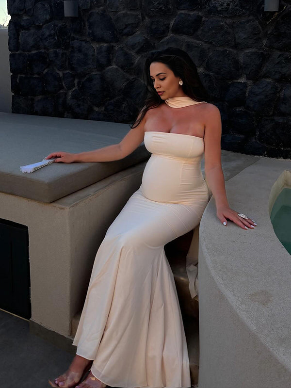 Momsmood Ivory White Bandeau Strapless Mermaid Dress With Scarf Elegant Cocktail Evening Gown Maternity Photoshoot Baby Shower Maxi Dress