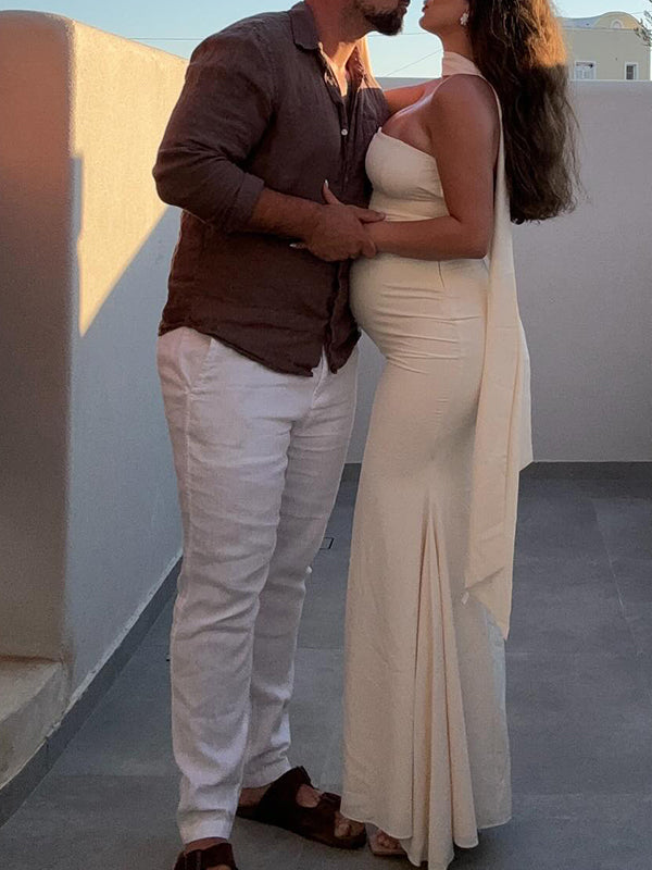 Momsmood Ivory White Bandeau Strapless Mermaid Dress With Scarf Elegant Cocktail Evening Gown Maternity Photoshoot Baby Shower Maxi Dress