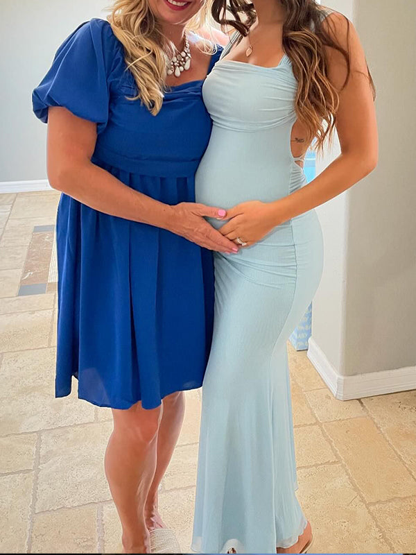 Momsmood Blue Tank Backless Lace Up Tie Back Sleeveless Cami Mermaid Elegant Cocktail Party Gown Maternity Photoshoot Baby Shower Maxi Dress