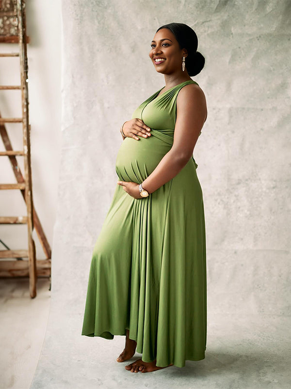 Momsmood Grass Green Adjusted Strap Tie Backless Flowy Vacation Photoshoot Baby Shower Maternity Maxi Dress