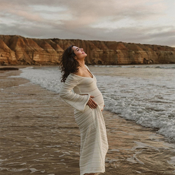 Momsmood White Side Cut Out Knit Flare Sleeve Beach Vacation Photoshoot Baby Shower Maternity Maxi Dress
