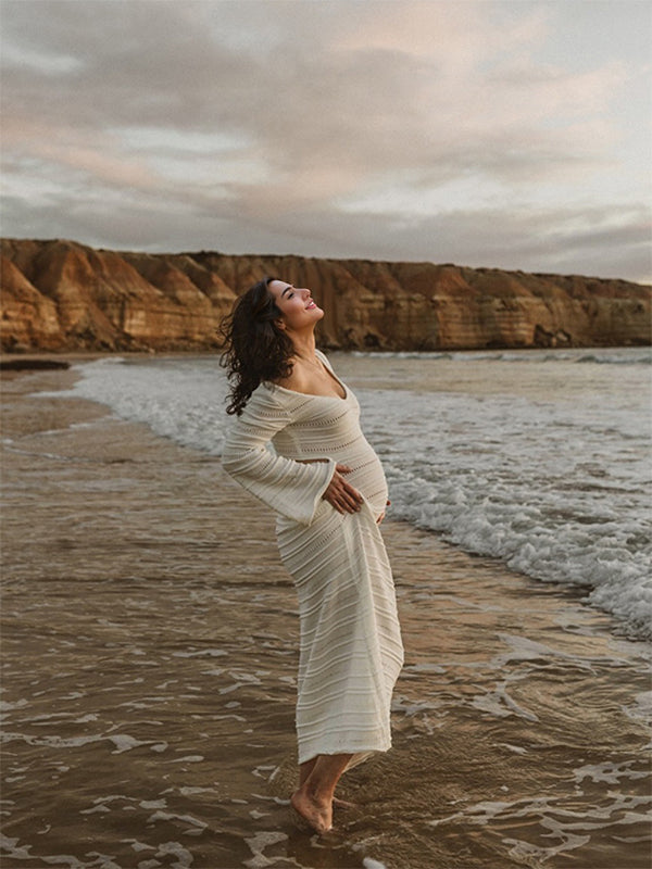 Momsmood White Side Cut Out Knit Flare Sleeve Beach Vacation Photoshoot Baby Shower Maternity Maxi Dress