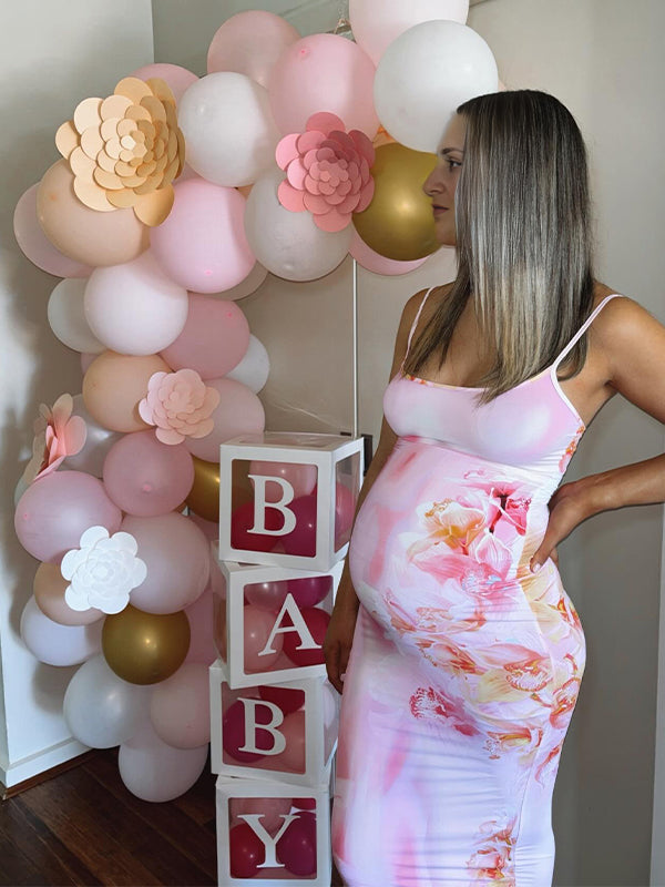 Momsmood Pink Flowers Hit Color Bodycon Gender Reveal Baby Shower Maternity Maxi Dress