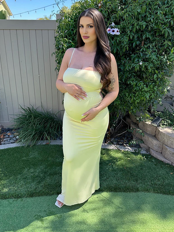 Momsmood Yellow Spaghetti Strap Backless Cut Out Bodycon Mermaid Elegant Baby Shower Maternity Maxi Dress