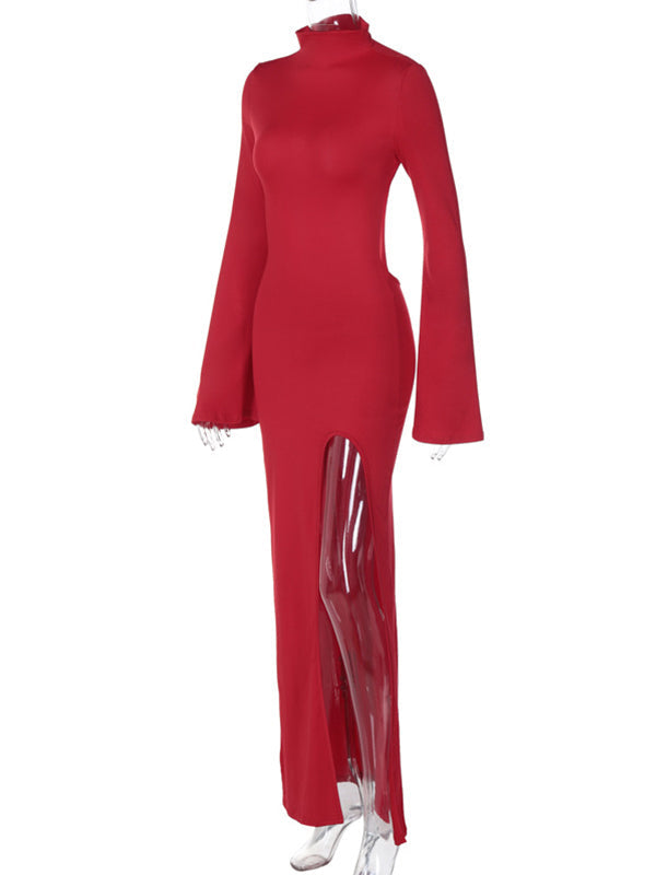 Momsmood Red Backless Side Slit Bodycon Flare Sleeve Chic Photoshoot Maternity Maxi Dress