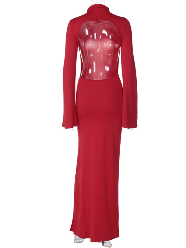Momsmood Red Backless Side Slit Bodycon Flare Sleeve Chic Photoshoot Maternity Maxi Dress
