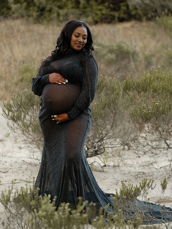 Momsmood Black Mesh Sheer Bright Wire Lantern Sleeve Mermaid Bodycon Photoshoot Maternity Maxi Dress