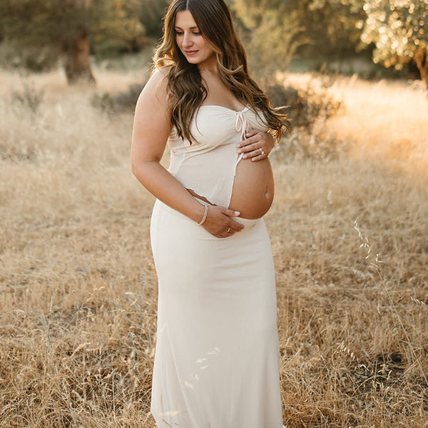 Momsmood Apricot Crop Bandeau Chest Lace-up 2-in-1 Bodycon Mermaid Elegant Photoshoot Maternity Maxi Dress