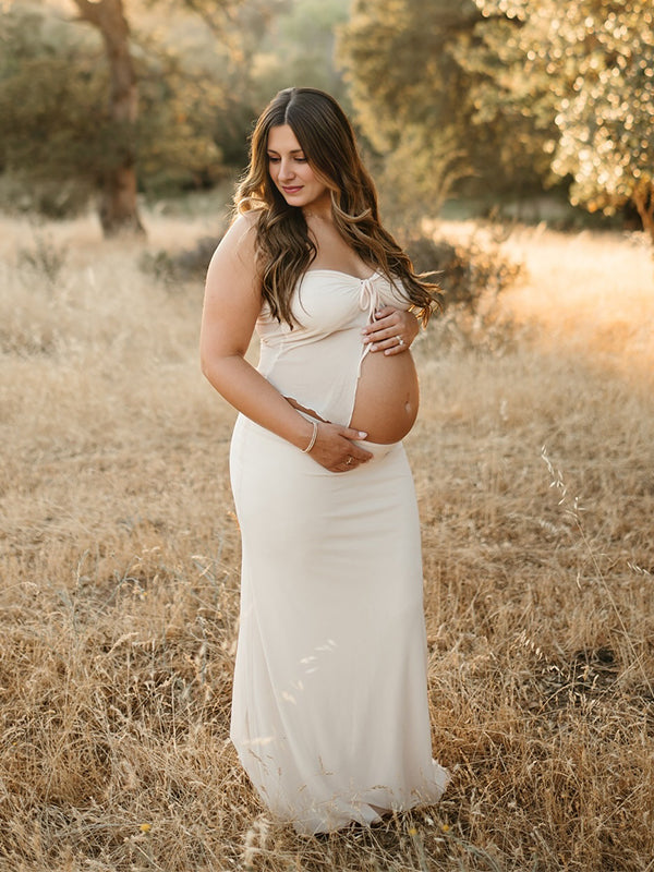 Momsmood Apricot Crop Bandeau Chest Lace-up 2-in-1 Bodycon Mermaid Elegant Photoshoot Maternity Maxi Dress