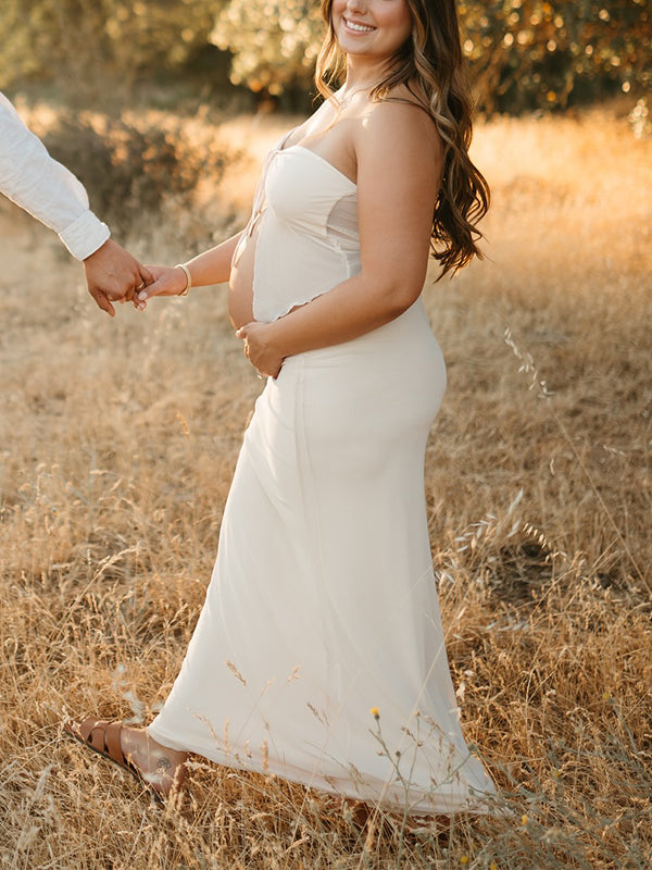 Momsmood Apricot Crop Bandeau Chest Lace-up 2-in-1 Bodycon Mermaid Elegant Photoshoot Maternity Maxi Dress