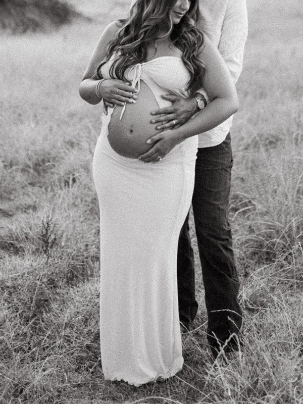Momsmood Apricot Crop Bandeau Chest Lace-up 2-in-1 Bodycon Mermaid Elegant Photoshoot Maternity Maxi Dress