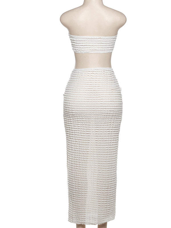 Momsmood White Cross Chest Bandeau Backless Lace Crop Front Draped 2-in-1 Lace-up Bodycon Baby Shower Maternity Maxi Dress