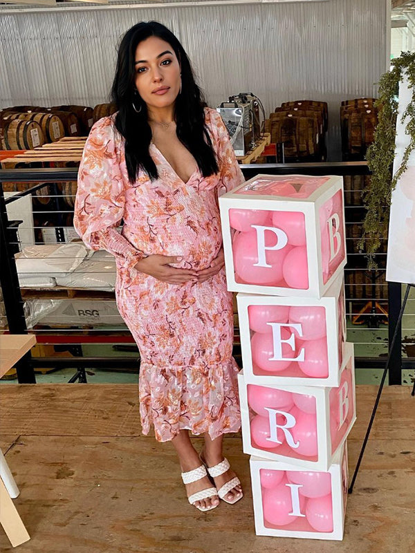 Momsmood Pink Floral Smocked Mermaid Deep V-neck Lantern Sleeve Elegant Cocktail Party Maternity Photoshoot Baby Shower Maxi Dress