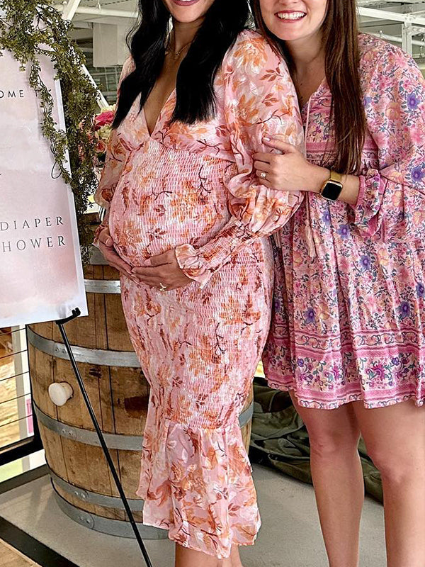 Momsmood Pink Floral Smocked Mermaid Deep V-neck Lantern Sleeve Elegant Cocktail Party Maternity Photoshoot Baby Shower Maxi Dress