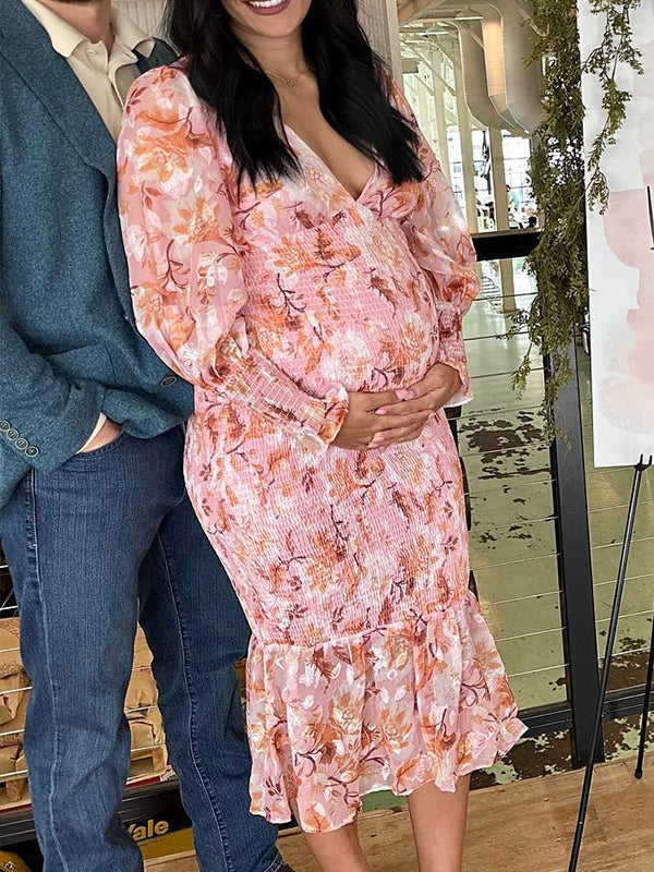 Momsmood Pink Floral Smocked Mermaid Deep V-neck Lantern Sleeve Elegant Cocktail Party Maternity Photoshoot Baby Shower Maxi Dress